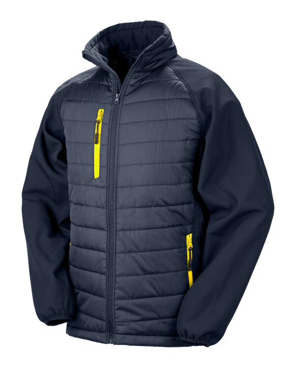 Result R237X Compass-Colour trim, softshell with on-trend padding for extra warmth. It is showerproof, breathable, and windproof.