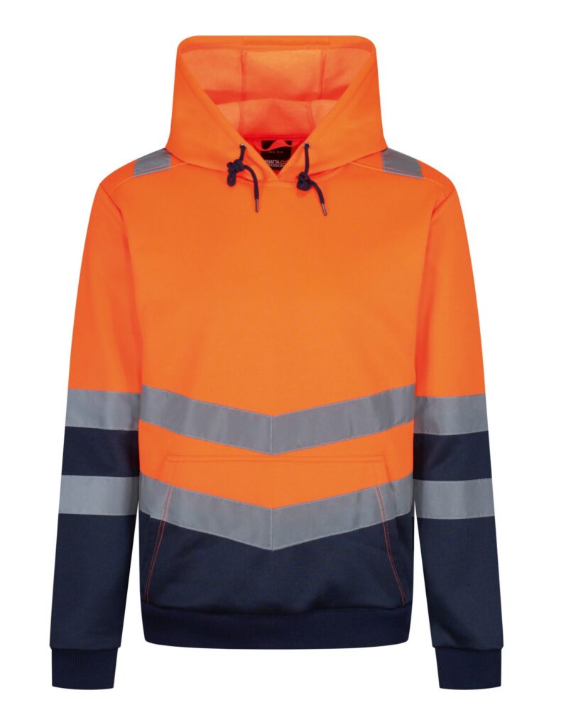 TRF663 Regatta Pro Hi Vis Overhead Hoody Orange Angled hi-vis chevrons show which way you’re facing