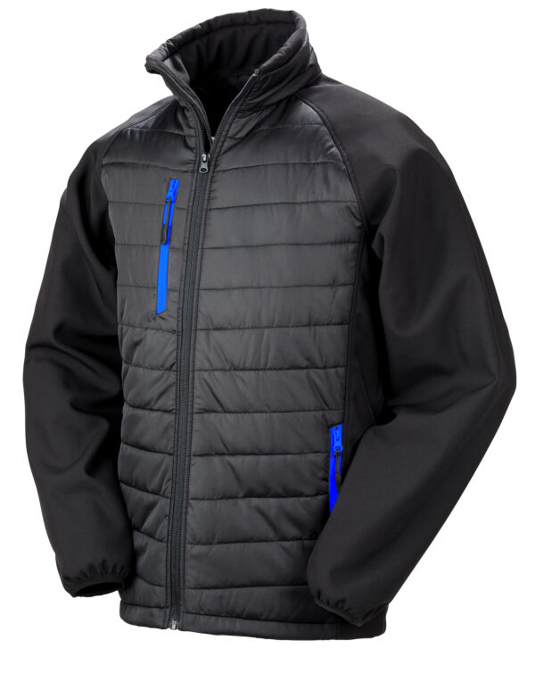 Result R237X Compass-Colour trim, softshell with on-trend padding for extra warmth. It is showerproof, breathable, and windproof.