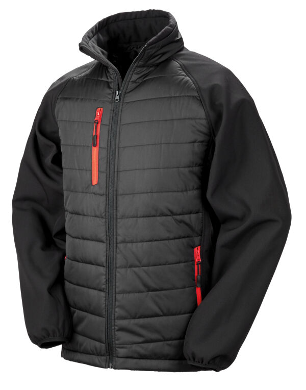 Result R237X Compass-Colour trim, softshell with on-trend padding for extra warmth. It is showerproof, breathable, and windproof.