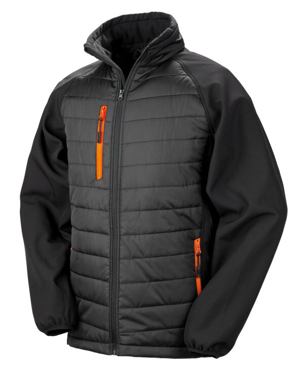 Result R237X Compass-Colour trim, softshell with on-trend padding for extra warmth. It is showerproof, breathable, and windproof.