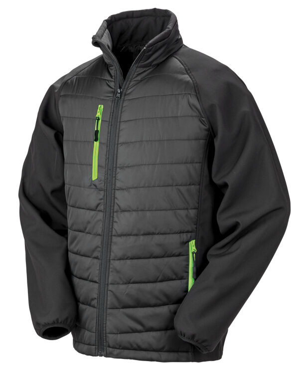 Result R237X Compass-Colour trim, softshell with on-trend padding for extra warmth. It is showerproof, breathable, and windproof.