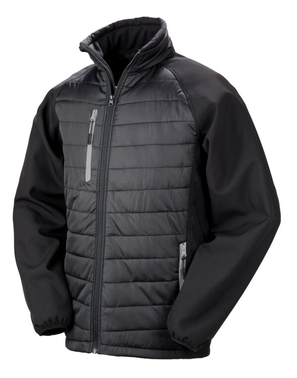 Result R237X Compass-Colour trim, softshell with on-trend padding for extra warmth. It is showerproof, breathable, and windproof.
