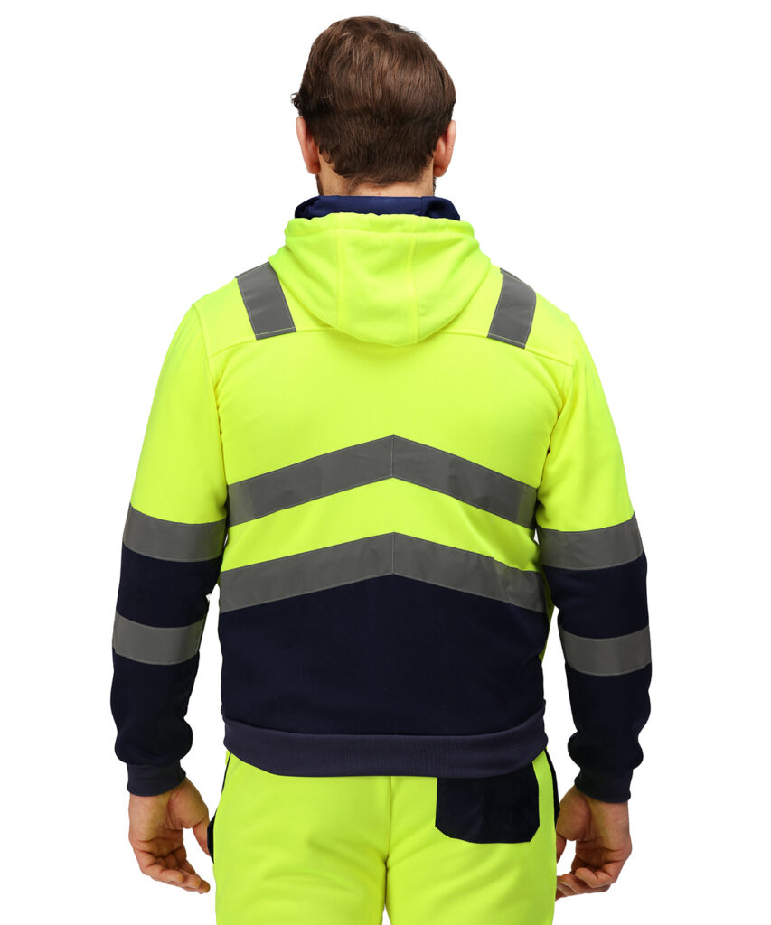 TRF625- Regatta Pro Hi Vis Full Zip Hoodie Yellow/Navy. Angled hi-vis chevrons show which way you’re facing in low light.