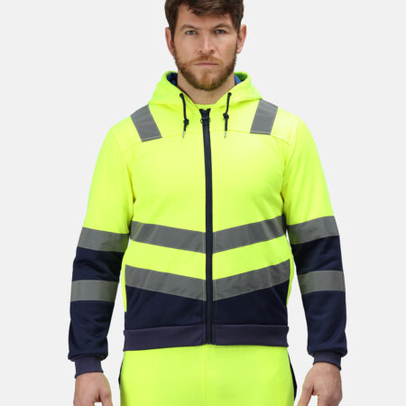 TRF625- Regatta Pro Hi Vis Full Zip Hoodie Yellow/Navy. Angled hi-vis chevrons show which way you’re facing in low light. - Image 2