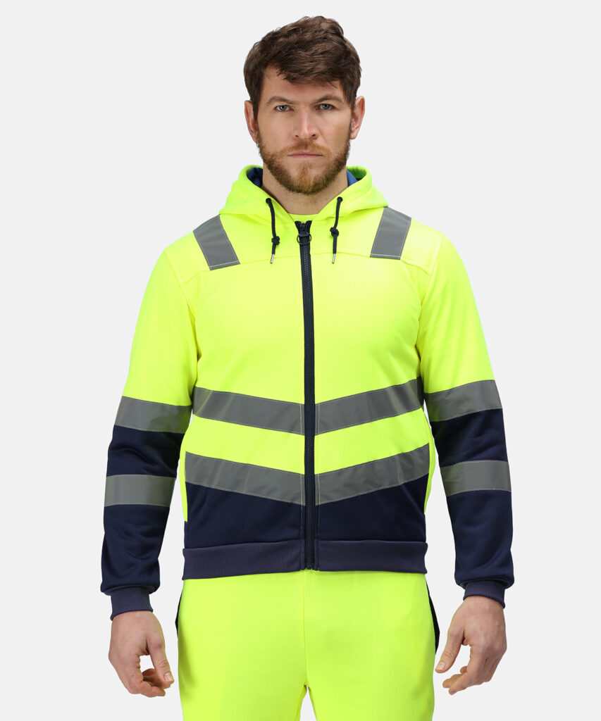 TRF625- Regatta Pro Hi Vis Full Zip Hoodie Yellow/Navy. Angled hi-vis chevrons show which way you’re facing in low light.