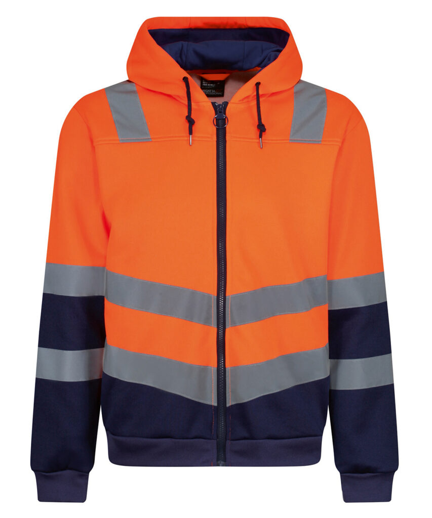 TRF625- Regatta Pro Hi Vis Full Zip Hoodie Angled hi-vis chevrons show which way you’re facing in low light.