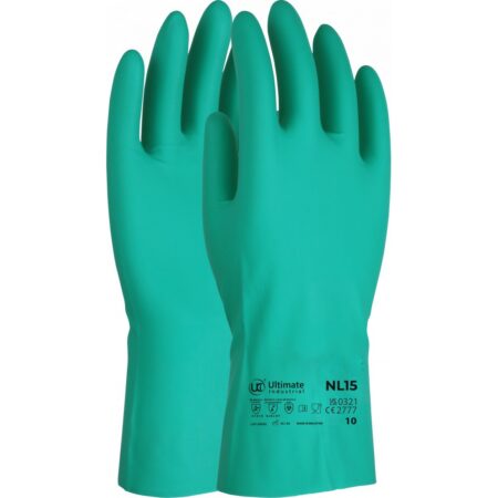 NL15 Green chemical resistant 13 inch flock lined nitrile gauntlet protection against a wide range of solvents and chemicals Type A