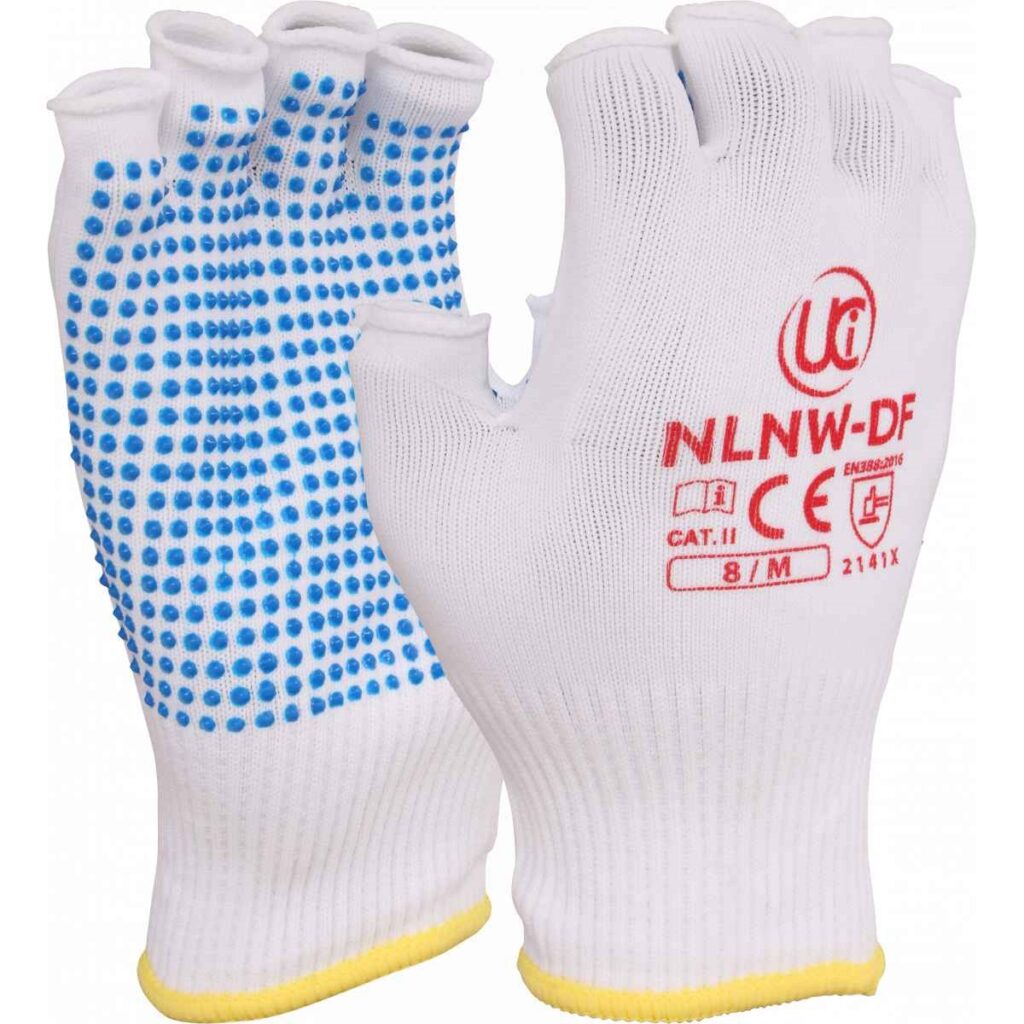 NLNW-DF - FINGERLESS NYLON DOTTED GLOVES - White, fingerless, low lint nylon gloves with pvc dotting to the palm