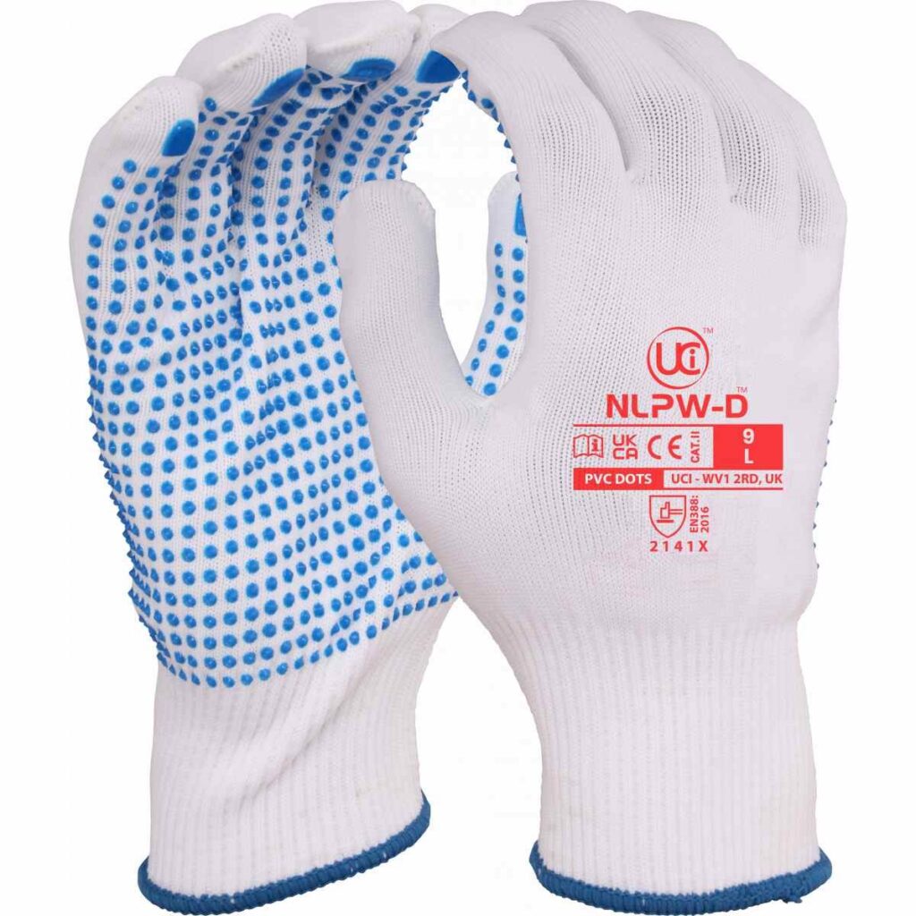 NLPW-D - LOW LINTING POLYESTER DOTTED White, full fingered, low lint polyester gloves with PVC dotting to palm