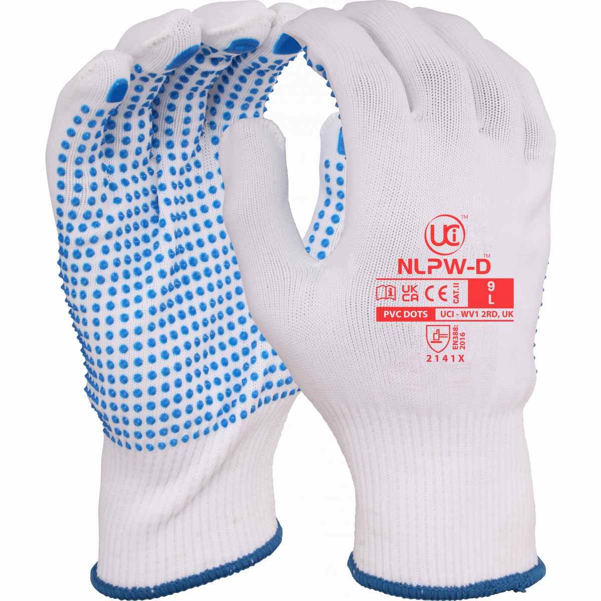 NLPW-D - LOW LINTING POLYESTER DOTTED White, full fingered, low lint polyester gloves with PVC dotting to palm
