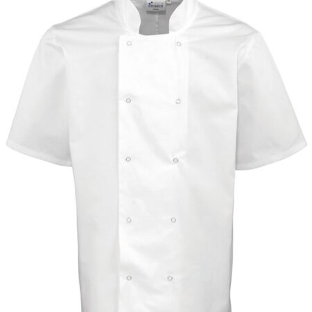 PR664 - Studded front short sleeve chef's jacket,  Mandarin Collar with topstitching - Image 3