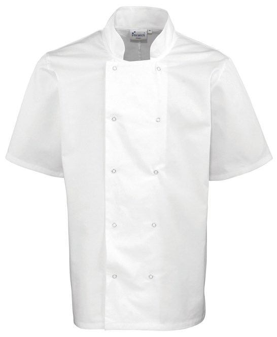 PR664 - Studded front short sleeve chef's jacket,  Mandarin Collar with topstitching