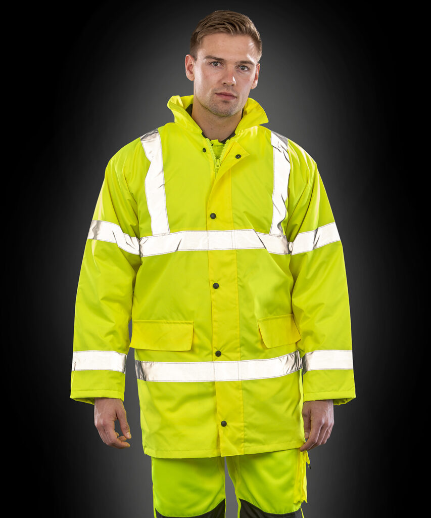 Promo Yellow Padded Parka safety high-viz coat. A sturdy insulated 3/4 length safety jacket
