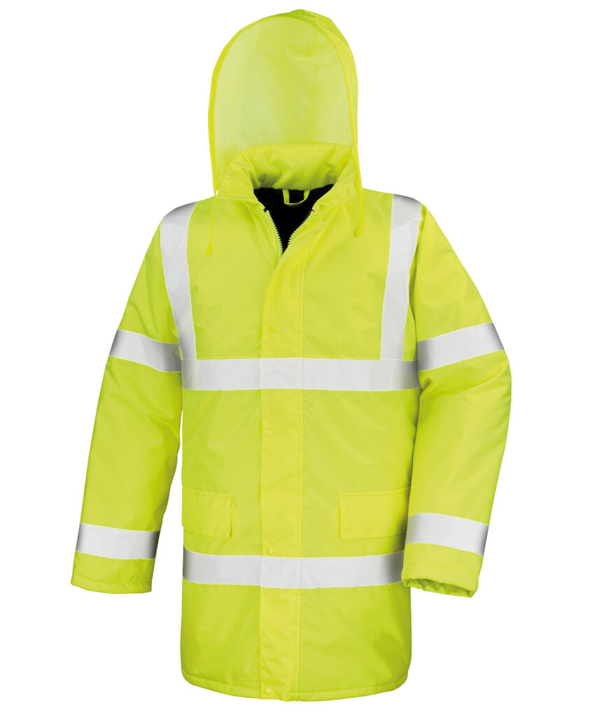 Promo Yellow Padded Parka safety high-viz coat. A sturdy insulated 3/4 length safety jacket