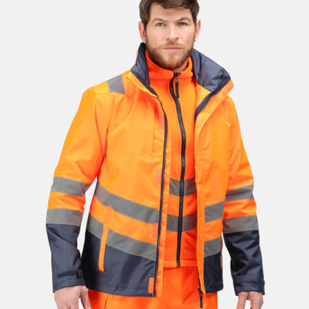 TRA158 Regatta Pro hi-vis 3-in-1 jacket,  remove the outer layer to reveal a warming fleece. Orange