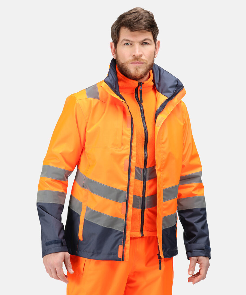 TRA158 Regatta Pro hi-vis 3-in-1 jacket,  remove the outer layer to reveal a warming fleece. Orange