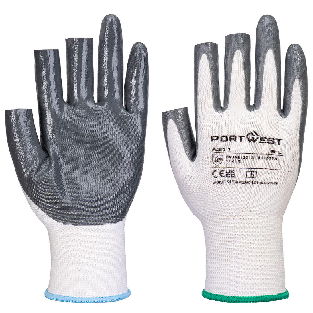 A311 - Grip 13 Nitrile 3 Fingerless Glove White/Grey 89p/pair sold in packs of 10
