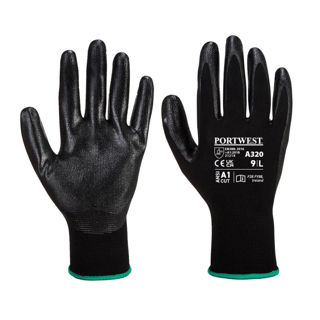 A320 - Portwest Dexti-Grip Glove Black 13 gauge liner with a flexible nitrile foam palm coating 75p/pair sold in packs of 10