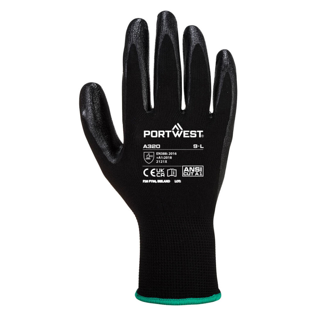 A320 - Portwest Dexti-Grip Glove Black 13 gauge liner with a flexible nitrile foam palm coating 75p/pair sold in packs of 10