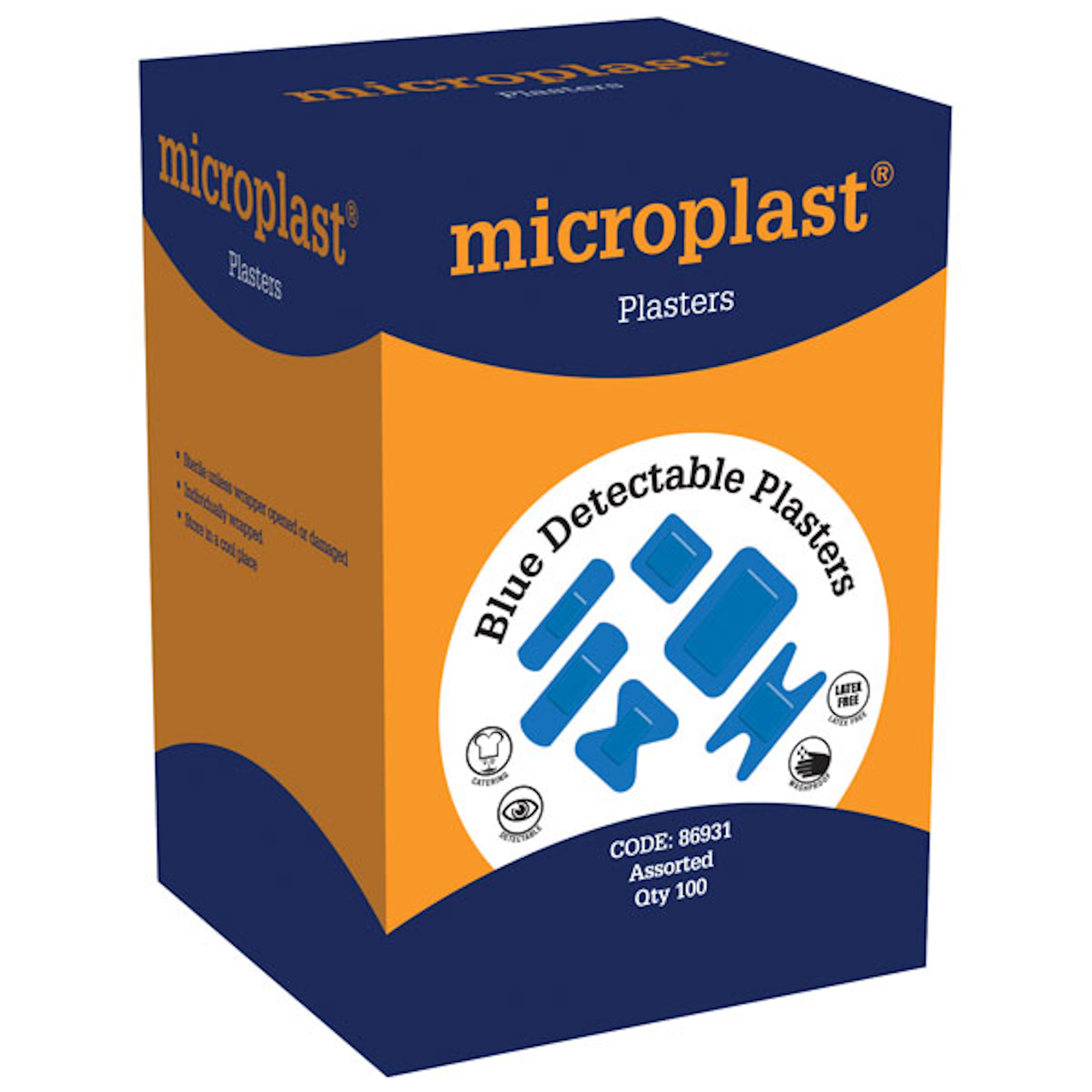 86931 - Blue Dot - BLUE DETECTABLE ASSORTED PLASTERS - Box of 100 assorted blue plasters