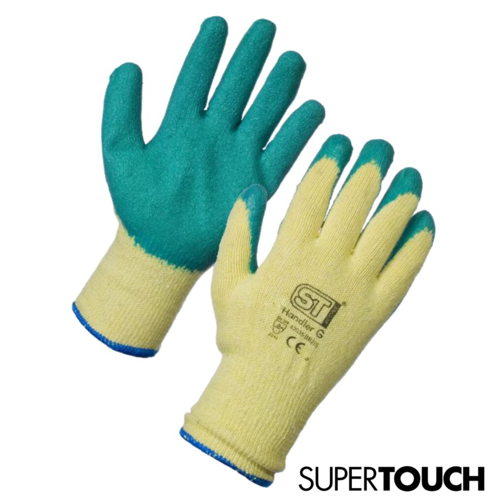 62031 Supertouch Handler Gloves Green Latex palm coat.  Textured fantastic grip