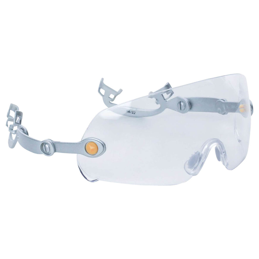 FUEGO Clear-lens safety glasses for use on a hard hat