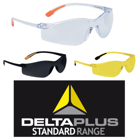 Delta Plus Meia Smoke, Clear & Yellow Safety Specs Lightweight (22g), one-piece lens with non-slip tips