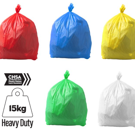 BCOL -Heavy Duty Coloured Sacks (200) Red, Blue, Yellow, Green & White
