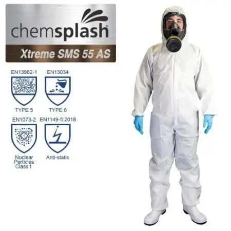 Chemsplash Xtreme SMS 55 Anti-Static Disposable Coverall | Type 5/6 PPEnd EN ISO 13034 for protection against liquid spray and hazardous particles.