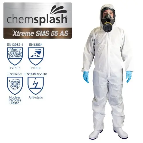 Chemsplash Xtreme SMS 55 Anti-Static Disposable Coverall | Type 5/6 PPEnd EN ISO 13034 for protection against liquid spray and hazardous particles.