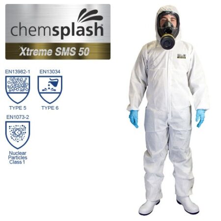 2503 Chemsplash Xtreme 50 SMS AS Anti-Static Coverall Type 5/6 EN ISO 13982-1 and EN ISO 13034 for protection against liquid spray and hazardous particles.
