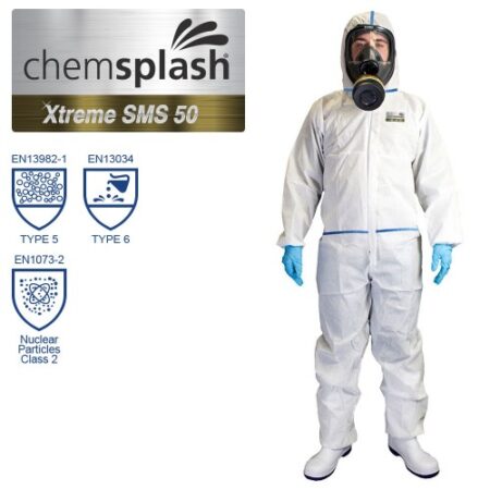 2793 Bound Seams Chemsplash Xtreme 50 SMS Coverall Type 5/6 Safety Standard: EN13982-1: TYPE 5, EN13034: TYPE 6, EN1073-2: Radio Active Particle