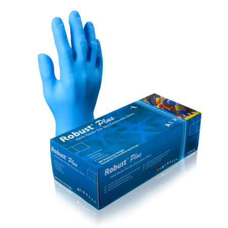Aurelia® Robust Plus Premium Quality Blue Nitrile. 4.5 Mil Thickness Extended Cuff: (300mm). Box of 100