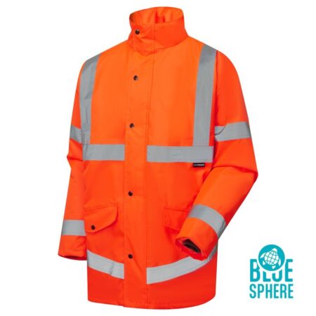 Eco Hi Vis Orange Parka  - Certified to EN ISO 20471 Class 3 - 100% GRS Recycled Polyester 300D Oxford, PU Coated.