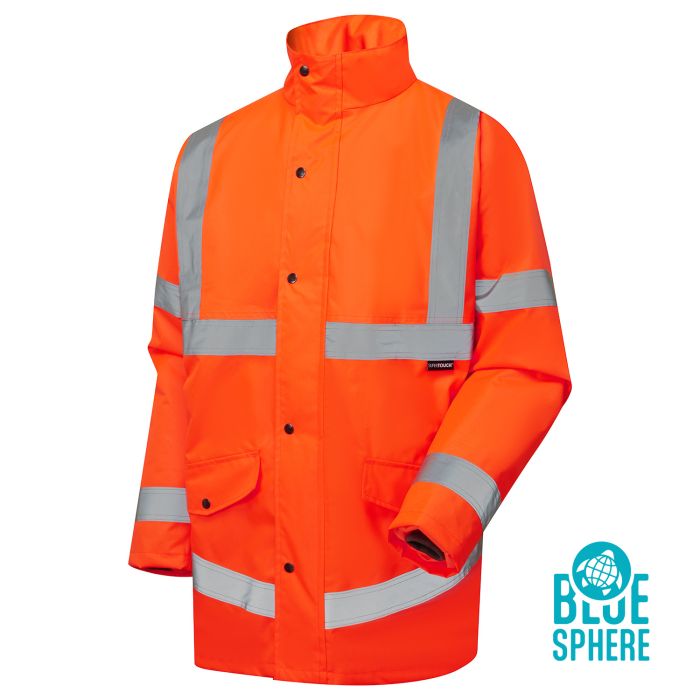 Eco Hi Vis Orange Parka  - Certified to EN ISO 20471 Class 3 - 100% GRS Recycled Polyester 300D Oxford, PU Coated.