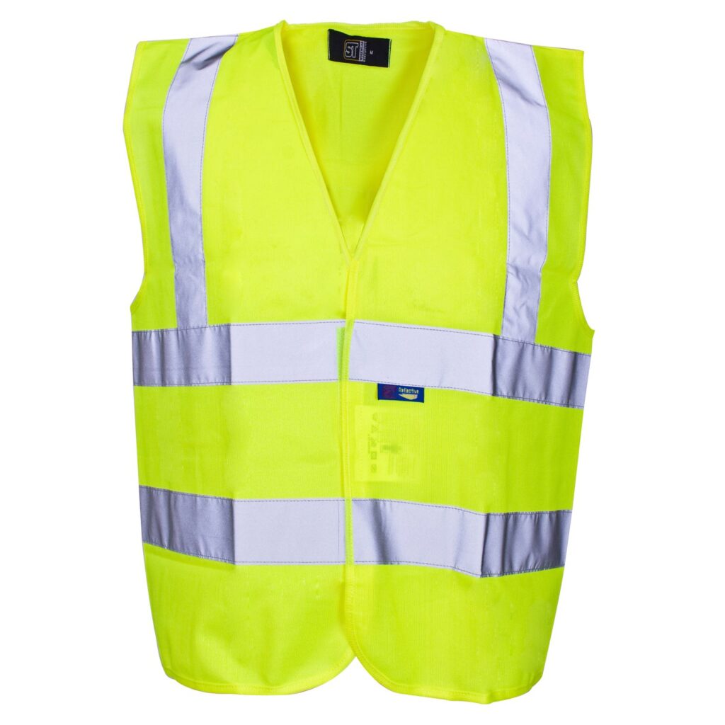 Hi Vis Yellow Builders Vest- shorter length,  it can sit just above a toolbelt
