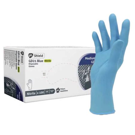 Shield GD21 Blue Nitrile Disposable Gloves improved feel and fit that helps reduce fatigue during extended use. box 100