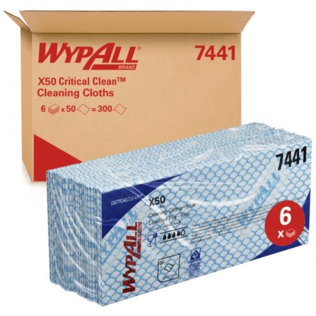 7441 WypAll® X50 Critical Clean™ – Blue Wiping Cloths – 6 Packs x 50 Interfolded Colour Coded Cloths (300 total)