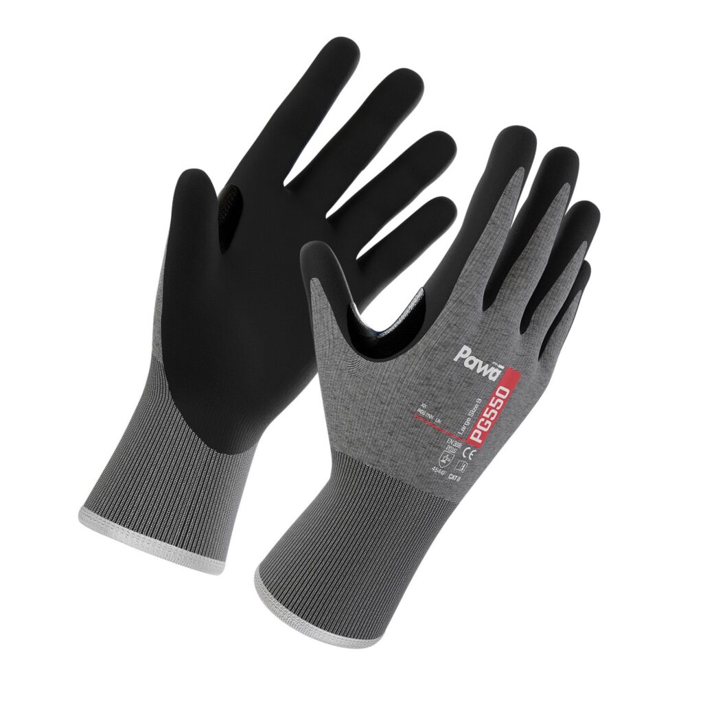 Pawa PG550 Level F Cut-Resistant Gloves-black nitrile palm-Reinforced thumb crotch