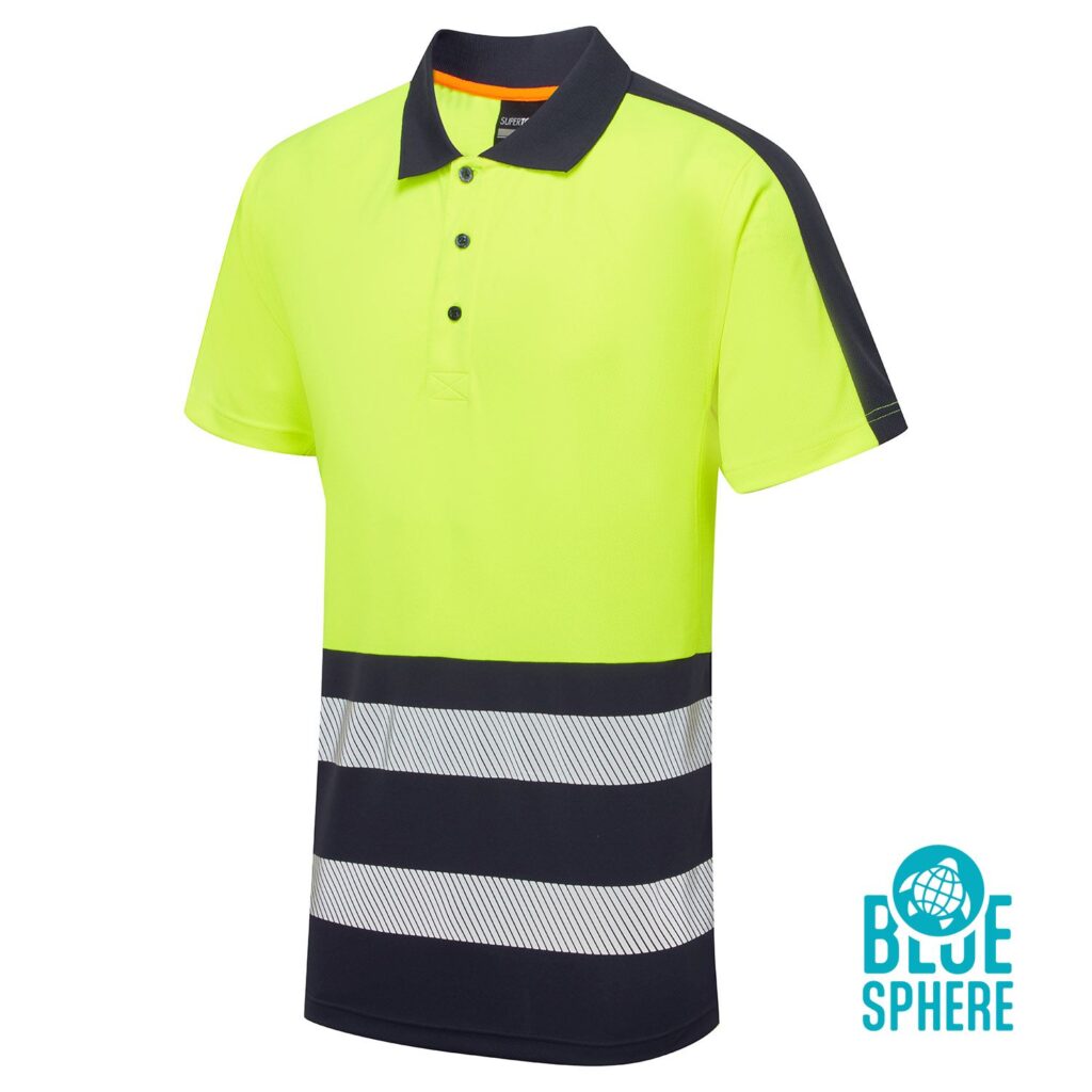 Hi-Vis Eco Coolair 2 Tone Yellow/Navy Polo, segmented tape,  breathable mesh panels
