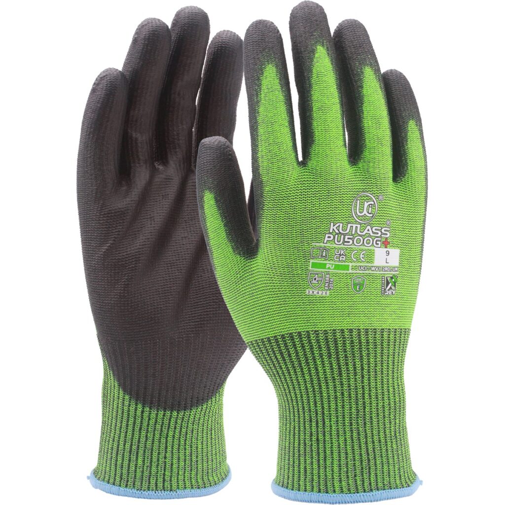 Kutlass® PU500G+ - Premium Green ISO Cut E with XREY Yarn, PU Coating £4.55/pair sold in packs in 10