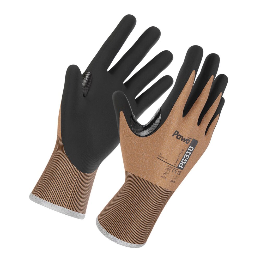 Pawa PG310 Cut C-Resistant Gloves- reinforced thumb crotch and a sandy nitrile coating