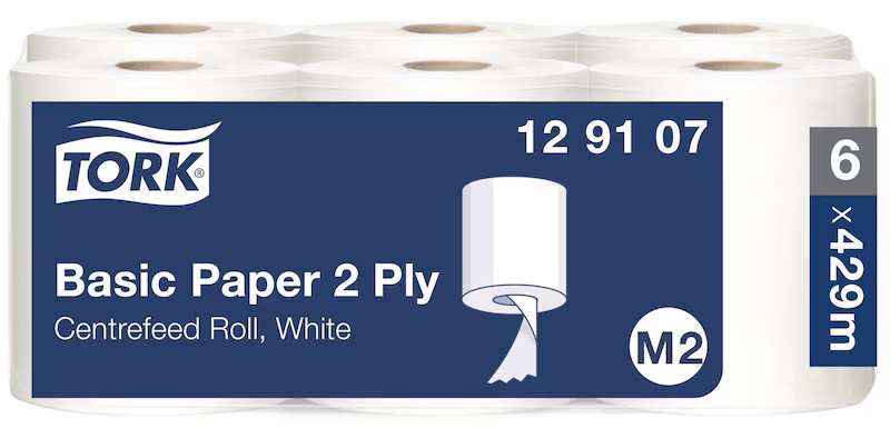 Tork® 129107 Basic Wiping Paper, White, M2 Centrefeed Roll – 2 Ply, 150.15²m, Case of 6