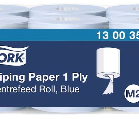 Tork® 130035 Wiping Paper, Blue, M2 Centrefeed Roll – 1 Ply, 165²m, Case of 6
