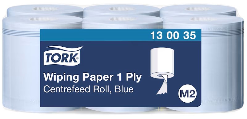 Tork® 130035 Wiping Paper, Blue, M2 Centrefeed Roll – 1 Ply, 165²m, Case of 6