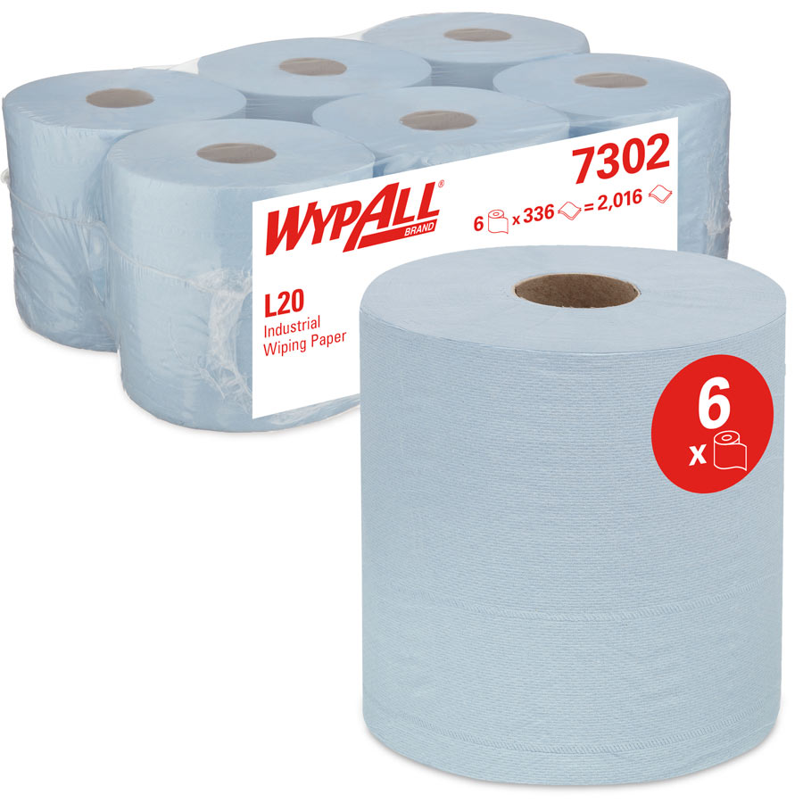 WypAll® 7277 L20 Cleaning & Maintenance Wiping Paper– 2 Ply Centrefeed Blue - 6 Blue Rolls x 400 Paper Wipers (2,400 Total)