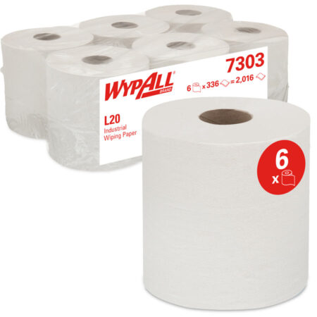 WypAll® 7303 L20 Industrial Wiping Paper– 2 Ply Centrefeed White - 6 Rolls x 336 Sheets