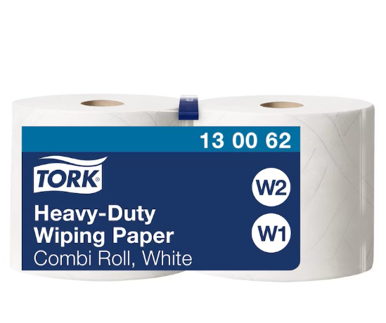 Tork® 130062 Heavy Duty Wiping Paper, White, W1/W2 Jumbo Roll – 2 Ply, 170²m, Case of 2