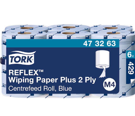 Tork® 473263 Reflex™ Wiping Paper Plus, Blue, M4 Centrefeed Roll – 2 Ply, 150m, Case of 6
